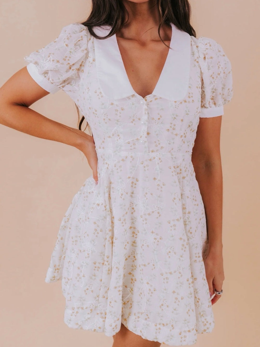 A597. Mable Baby Doll White & Pink Floral Tie-Back Dress