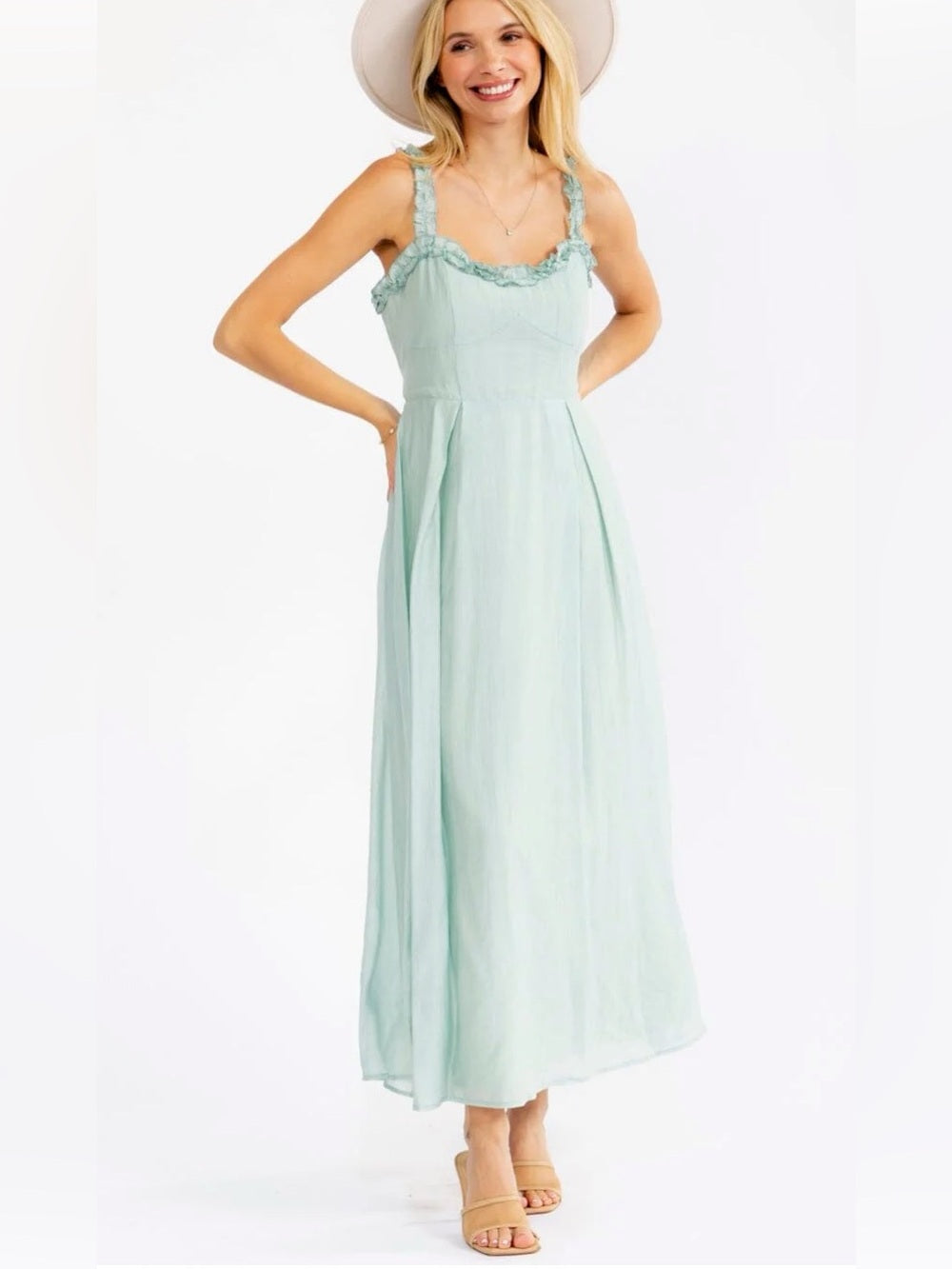 A598. Mable Light Sage Green Ruffle-Strap Maxi Dress