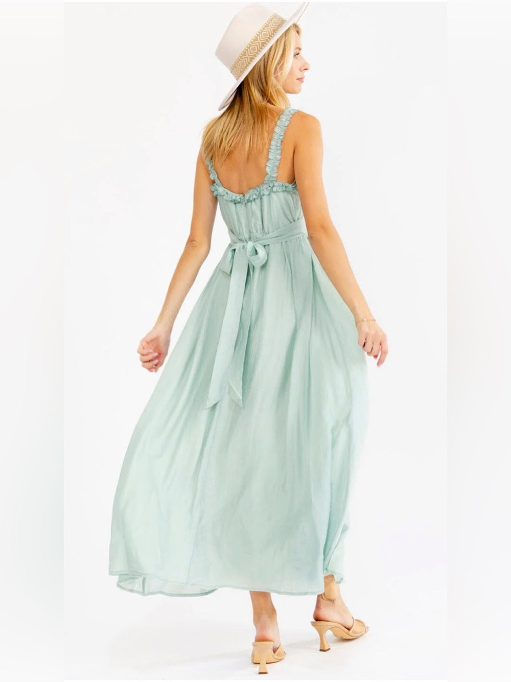 A598. Mable Light Sage Green Ruffle-Strap Maxi Dress