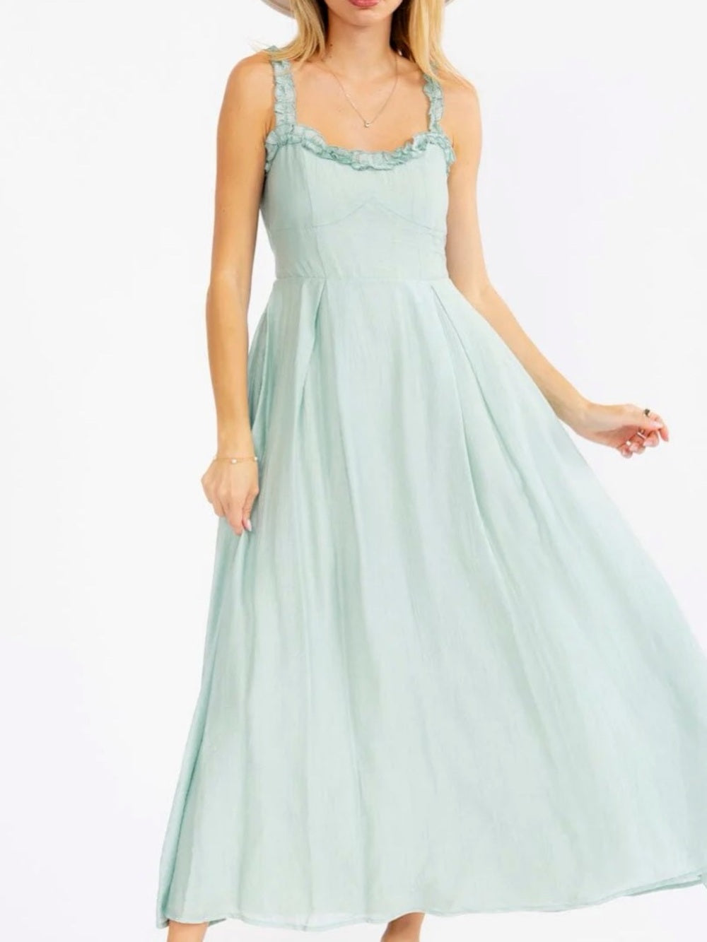 A598. Mable Light Sage Green Ruffle-Strap Maxi Dress