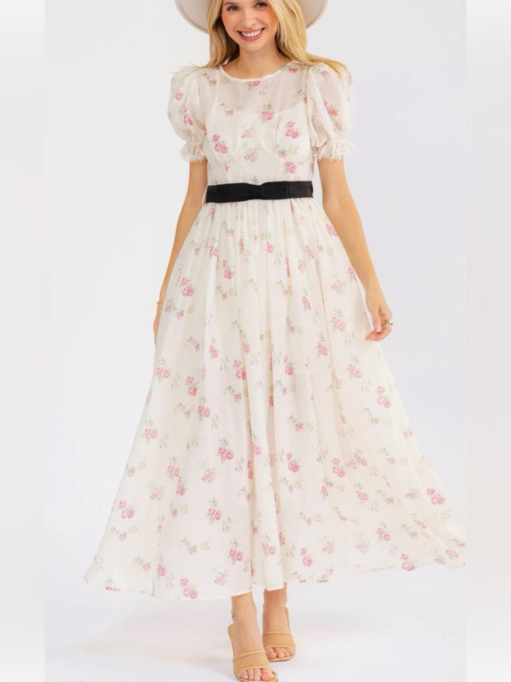 A599. Mable Ivory & Pink Floral Puff-Sleeve Maxi Dress with Black Waist Bow