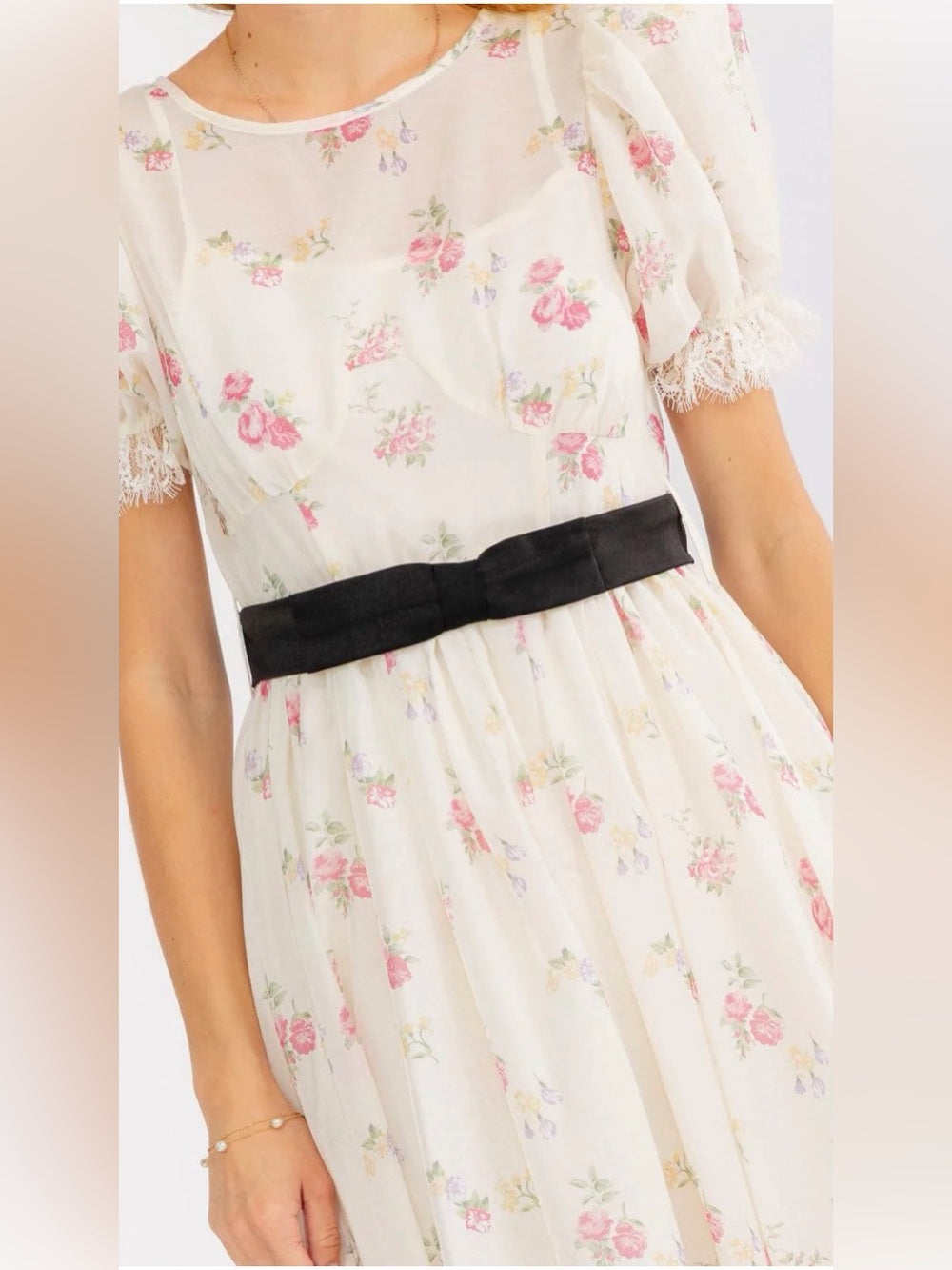 A599. Mable Ivory & Pink Floral Puff-Sleeve Maxi Dress with Black Waist Bow