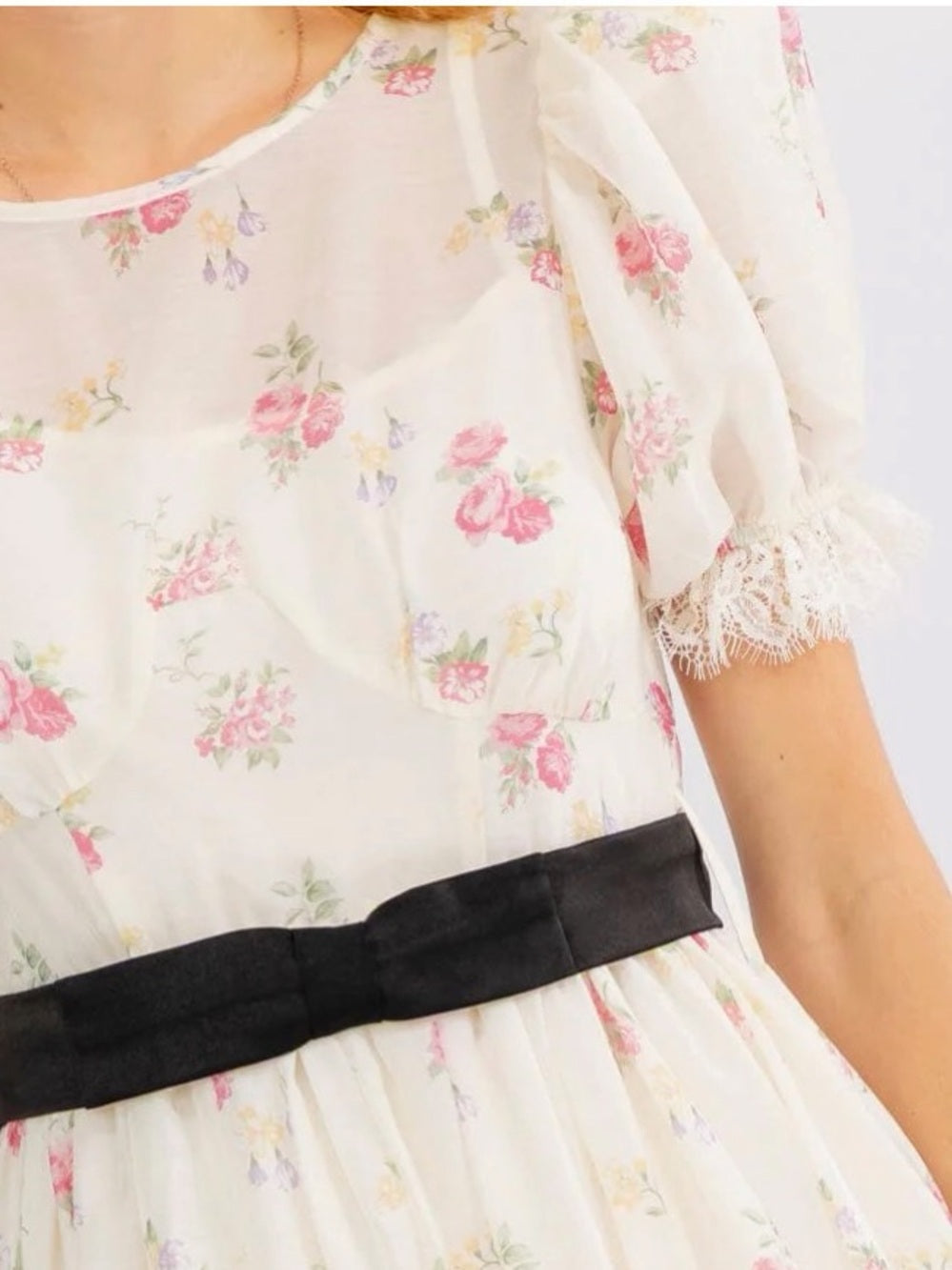 A599. Mable Ivory & Pink Floral Puff-Sleeve Maxi Dress with Black Waist Bow