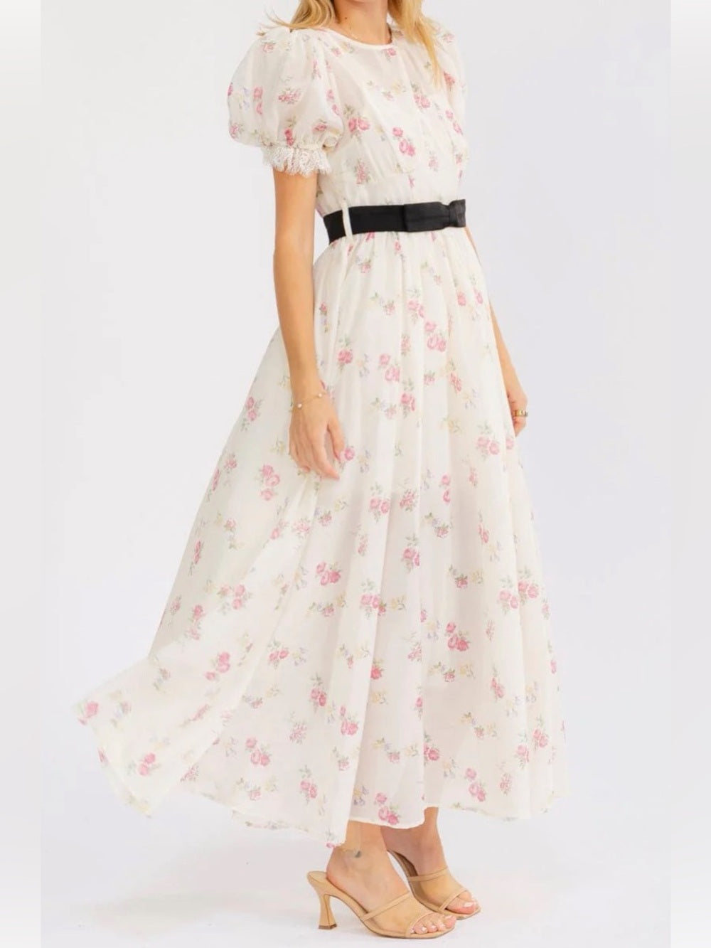 A599. Mable Ivory & Pink Floral Puff-Sleeve Maxi Dress with Black Waist Bow