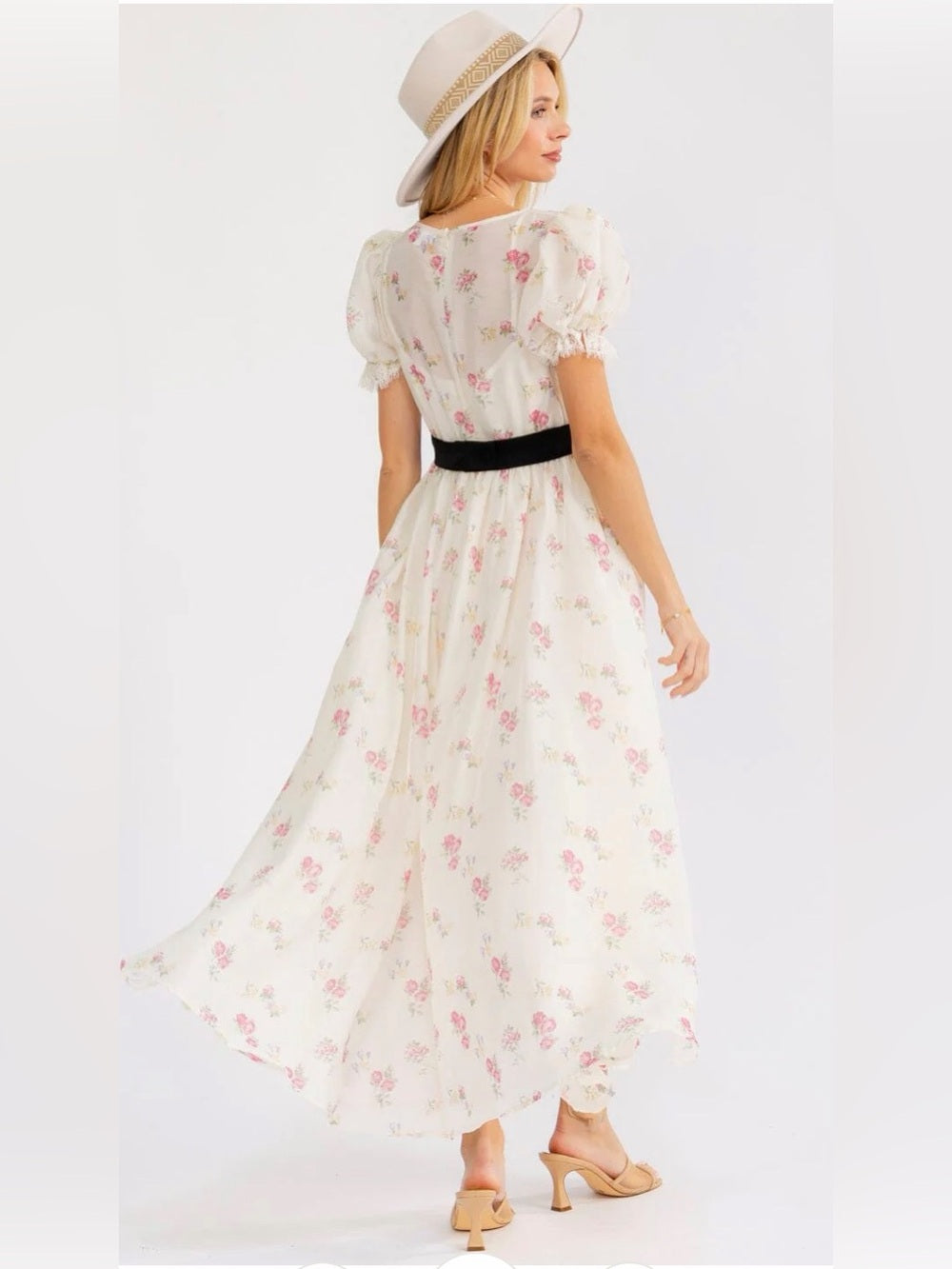 A599. Mable Ivory & Pink Floral Puff-Sleeve Maxi Dress with Black Waist Bow
