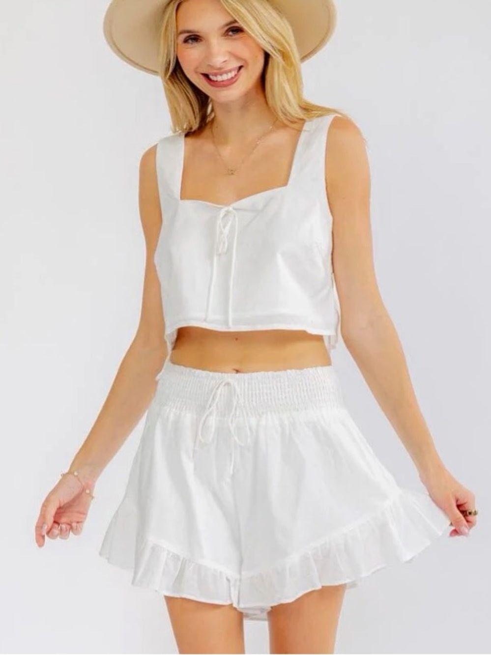 A600. Mable White Two-Piece Crop Top and Ruffle Shorts Set
