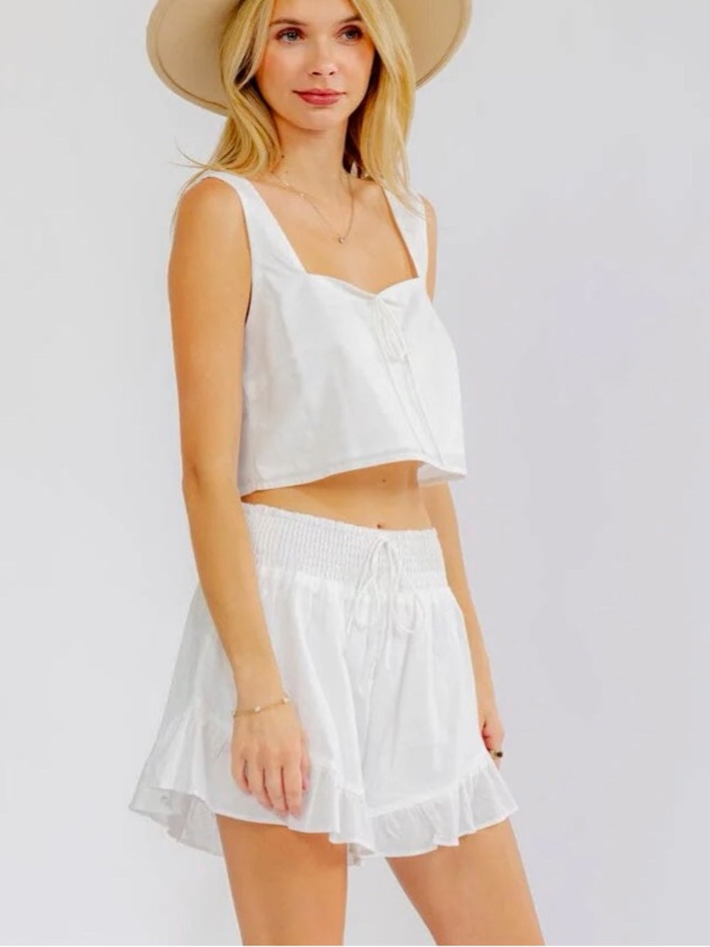 A600. Mable White Two-Piece Crop Top and Ruffle Shorts Set