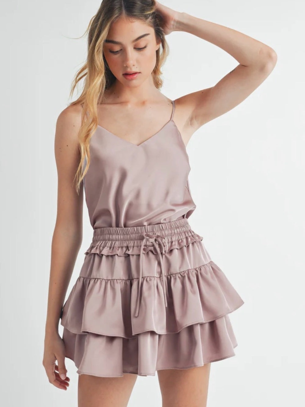 A601. Mable Mauve Purple Satin Cami & Tiered Ruffle Mini Set