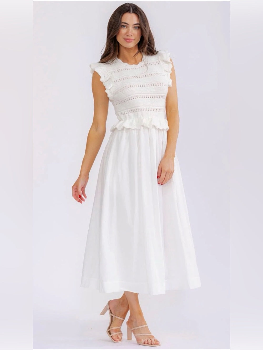 A602. Mable White Ruffled Sweater Top Midi Dress