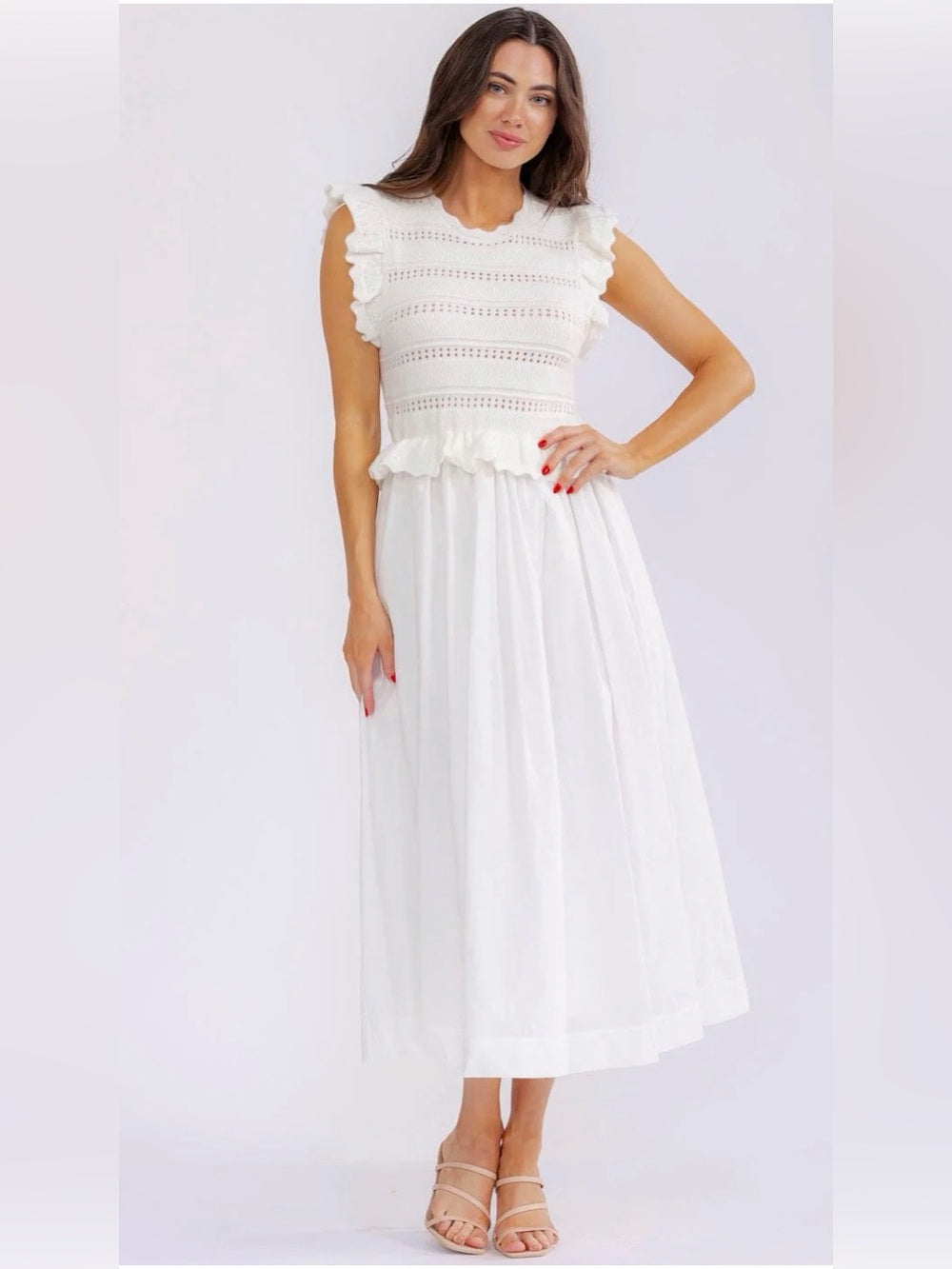 A602. Mable White Ruffled Sweater Top Midi Dress