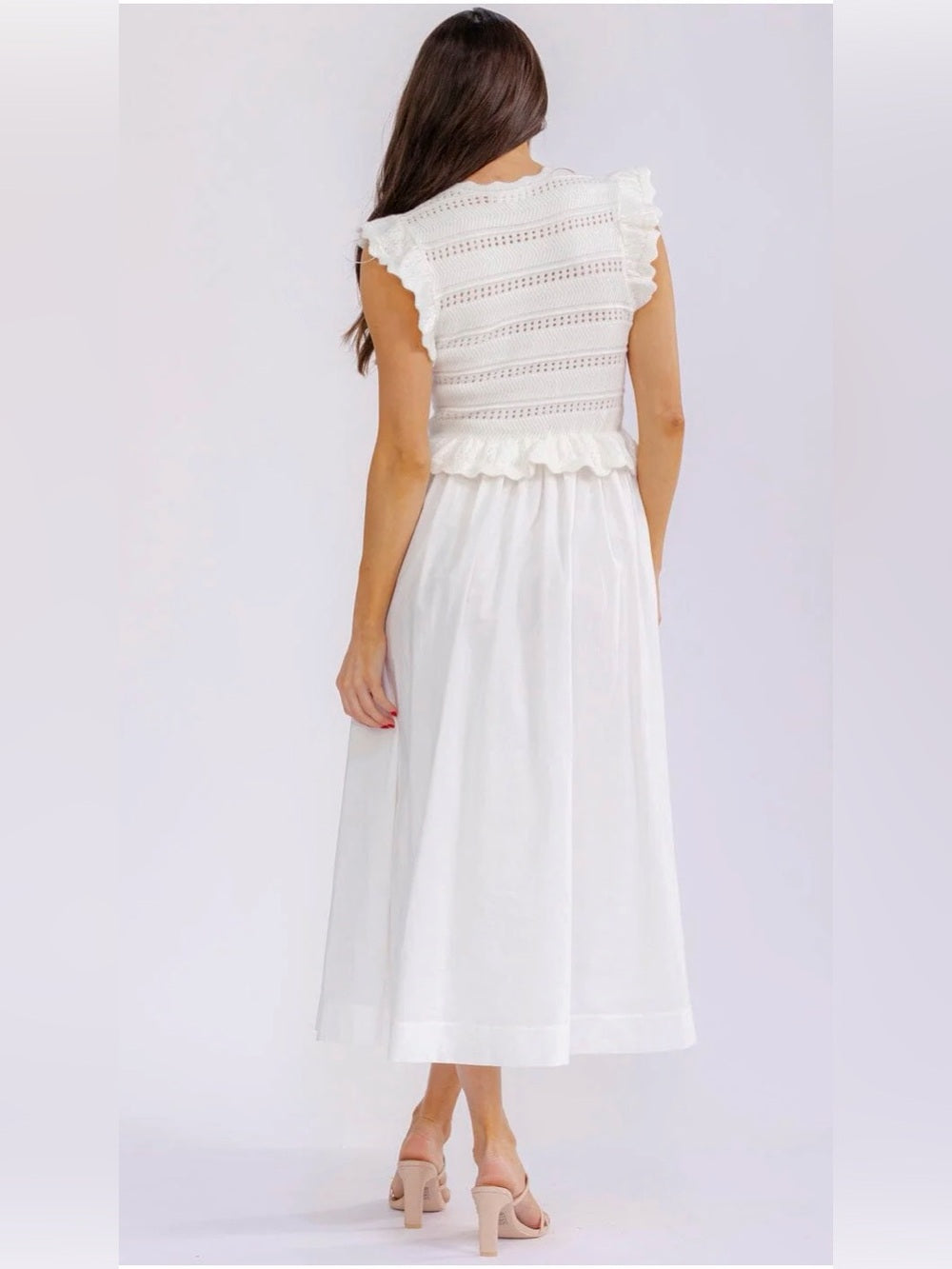 A602. Mable White Ruffled Sweater Top Midi Dress