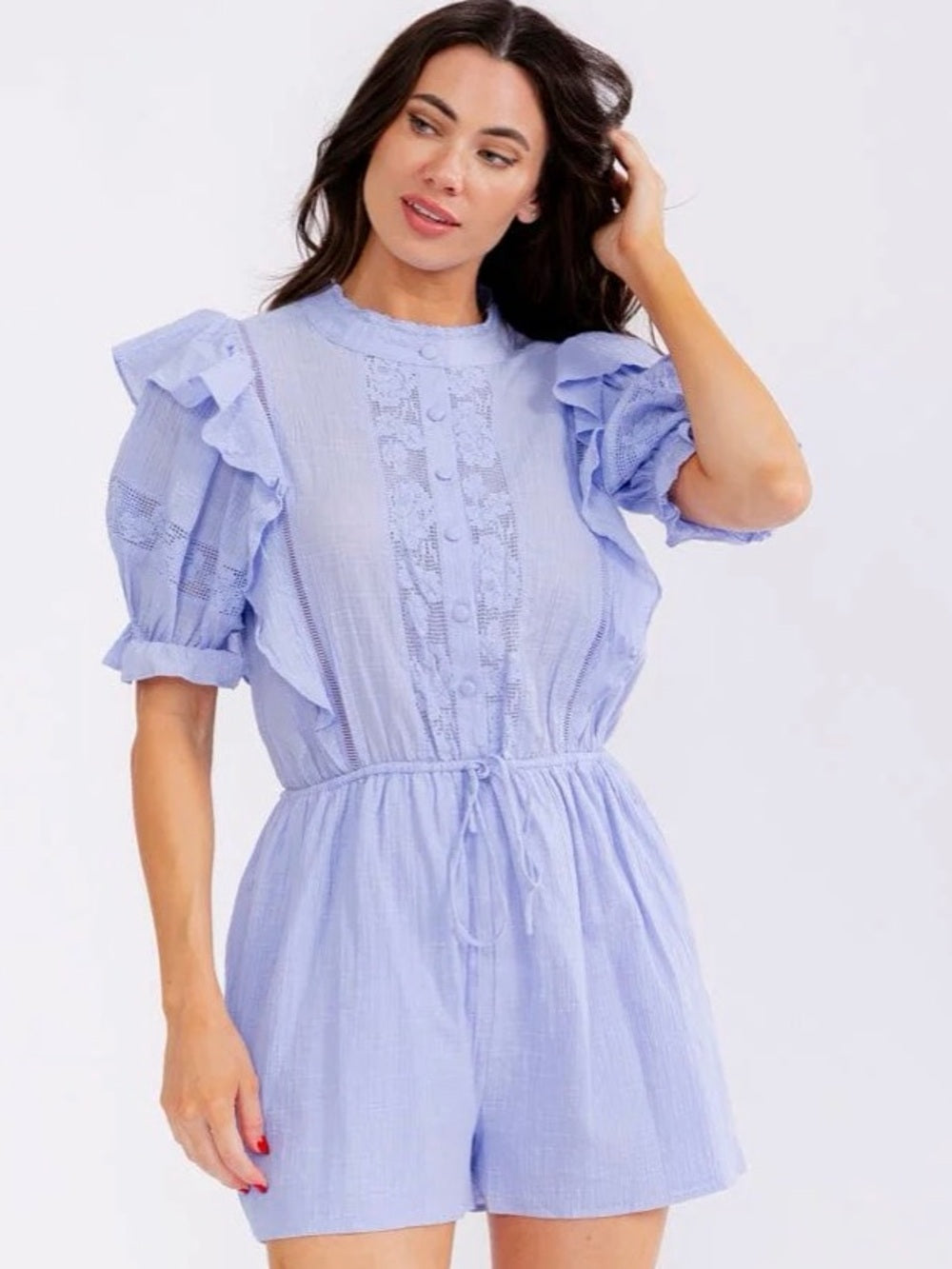 A603. Mable Light Blue Ruffle Lace Sleeve Romper Dress