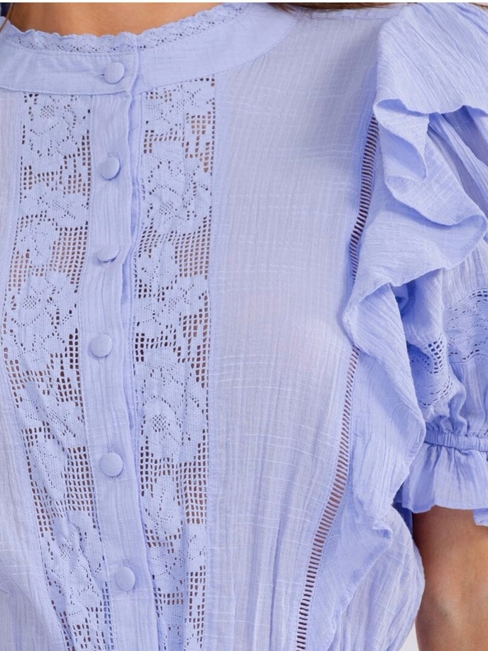 A603. Mable Light Blue Ruffle Lace Sleeve Romper Dress