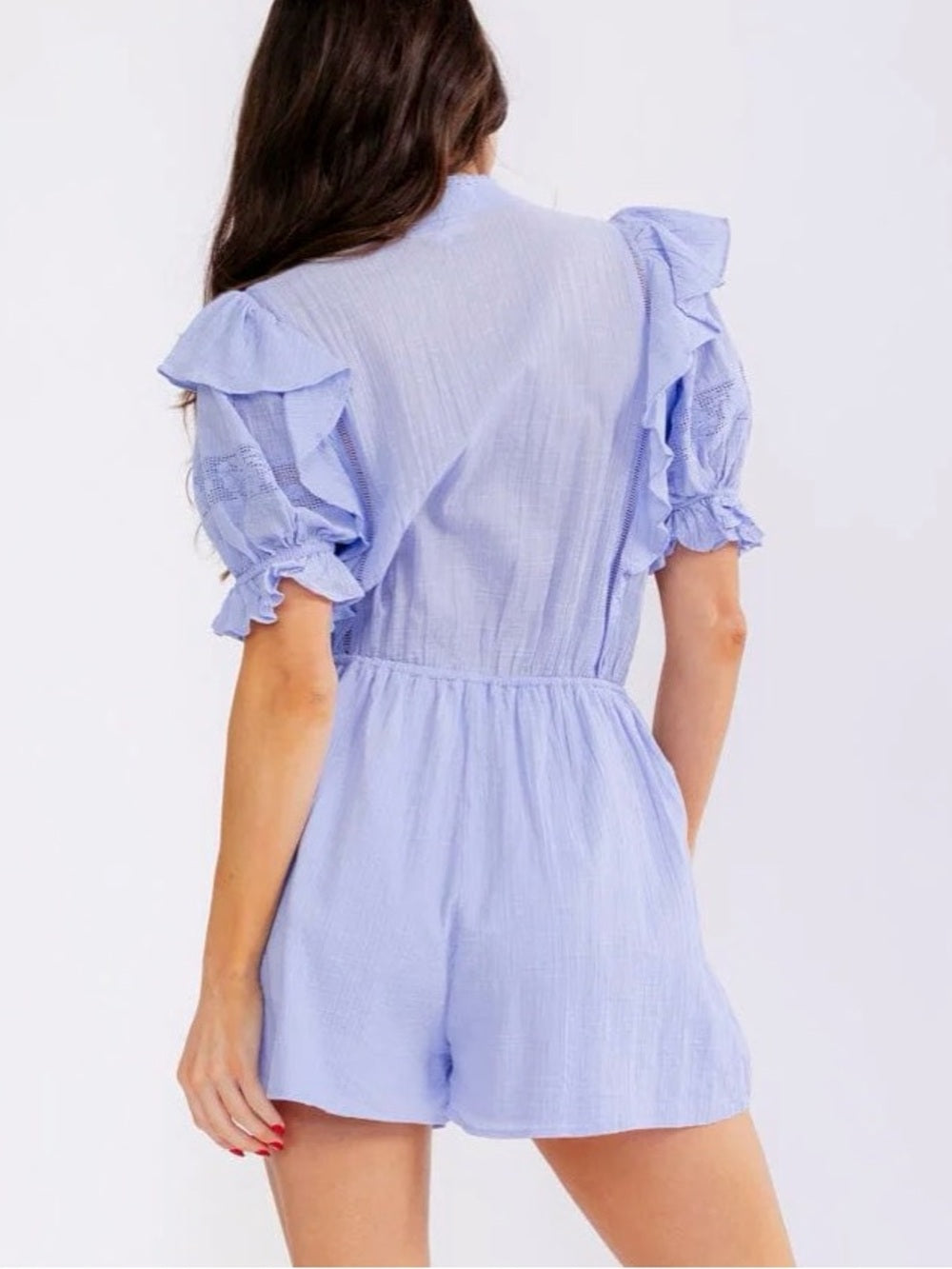 A603. Mable Light Blue Ruffle Lace Sleeve Romper Dress
