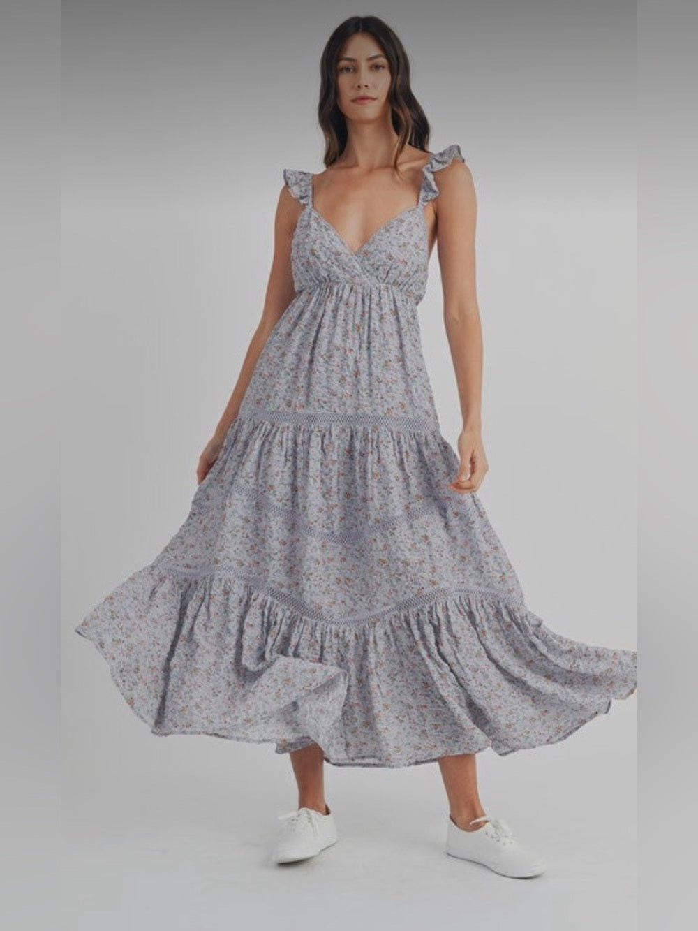 A604. Mable Floral Lavender Tiered Maxi Dress with Ruffle Straps