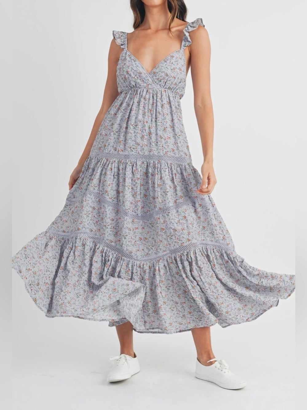 A604. Mable Floral Lavender Tiered Maxi Dress with Ruffle Straps