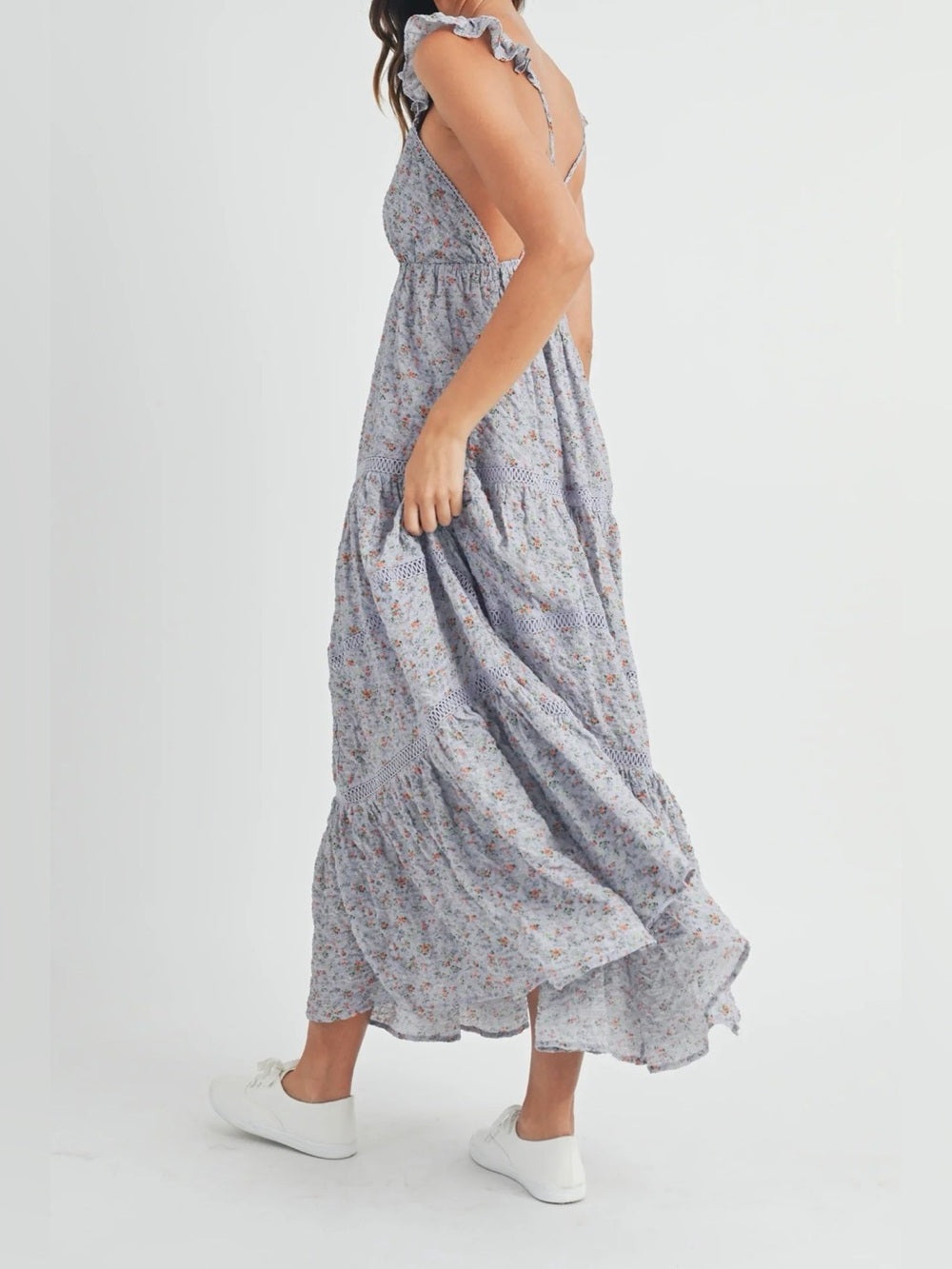 A604. Mable Floral Lavender Tiered Maxi Dress with Ruffle Straps