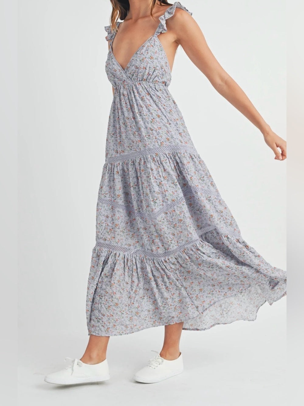 A604. Mable Floral Lavender Tiered Maxi Dress with Ruffle Straps