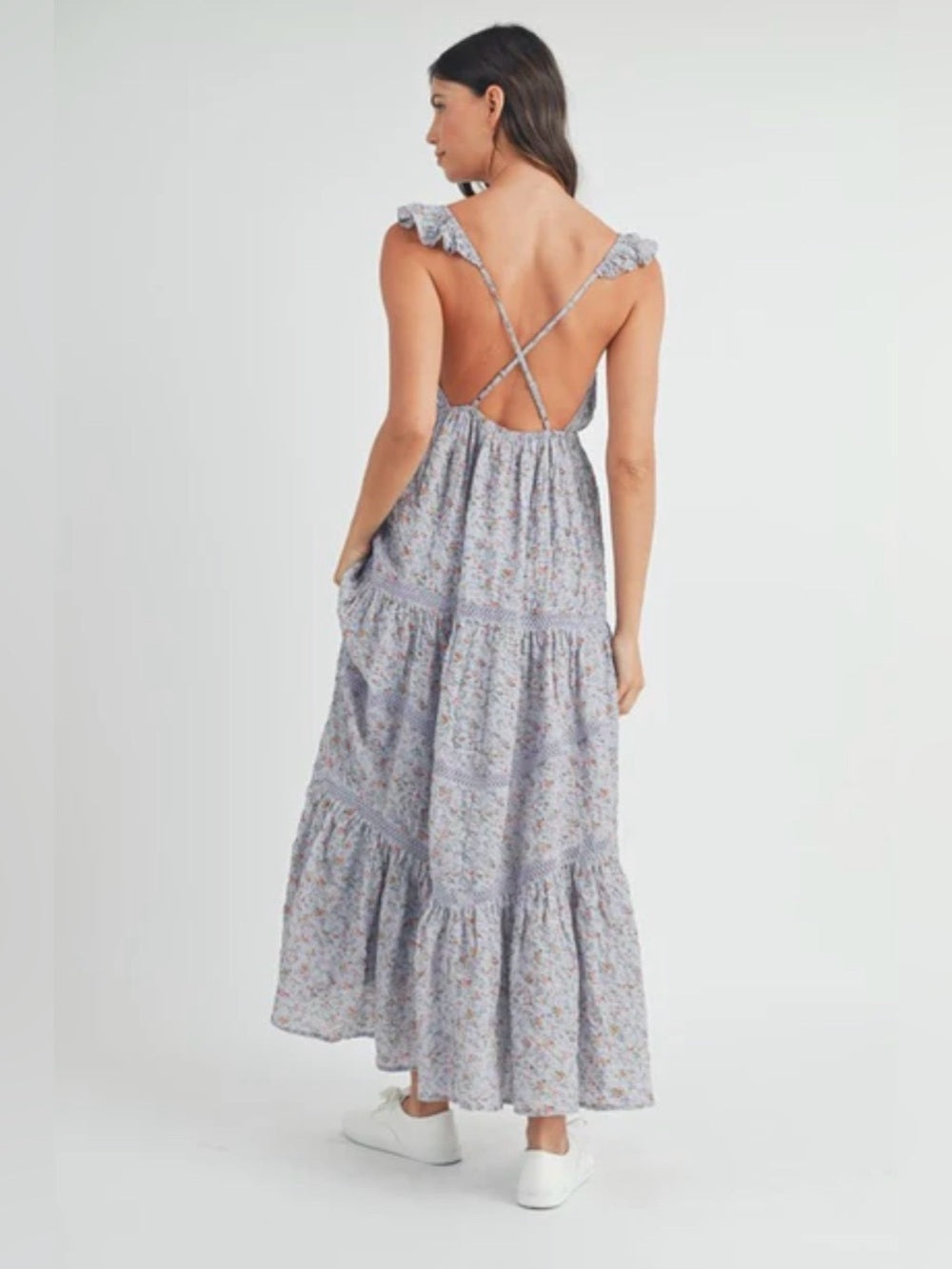 A604. Mable Floral Lavender Tiered Maxi Dress with Ruffle Straps
