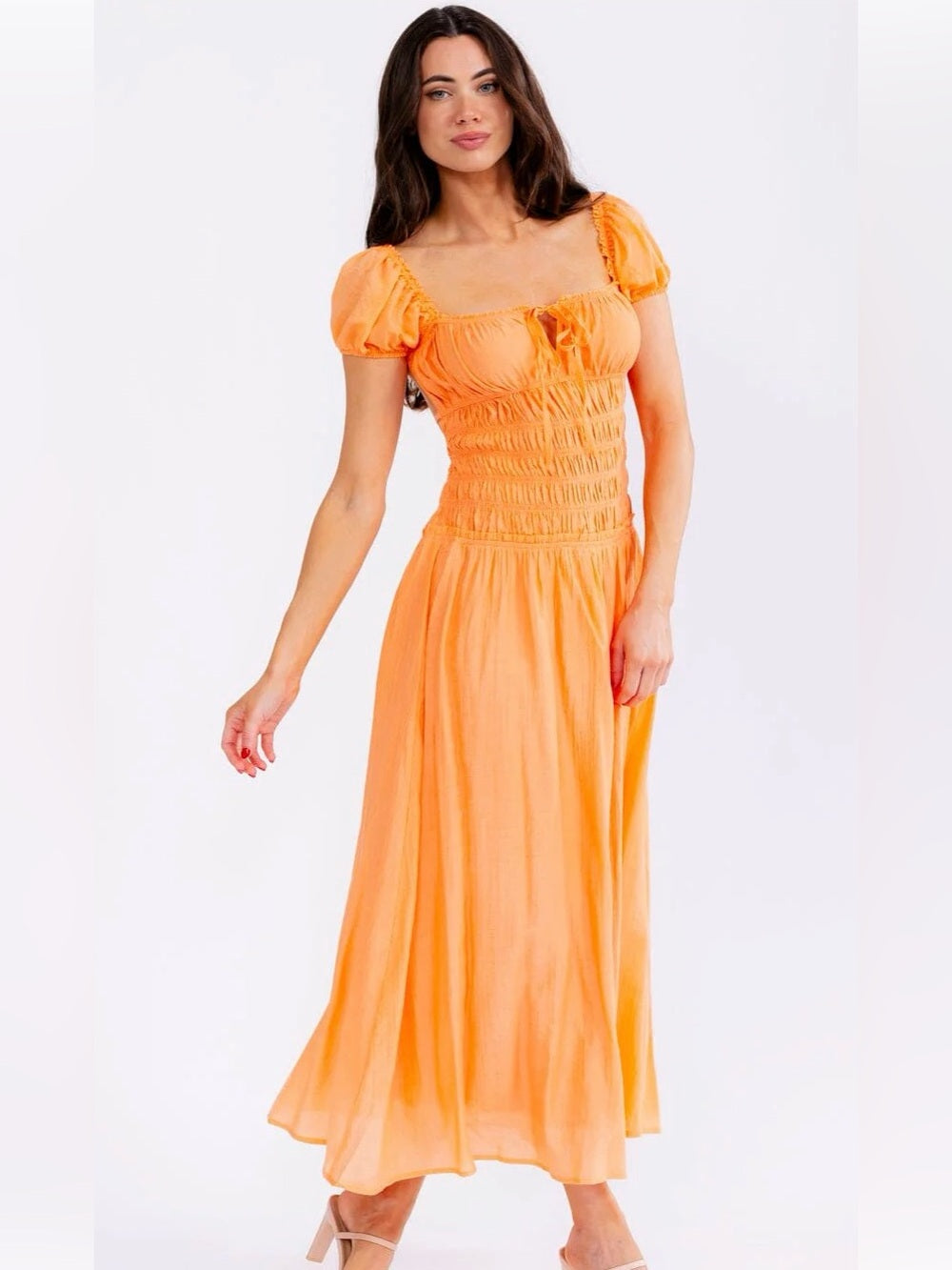 A605. Mable Tangerine Smocked Open Back Maxi Dress