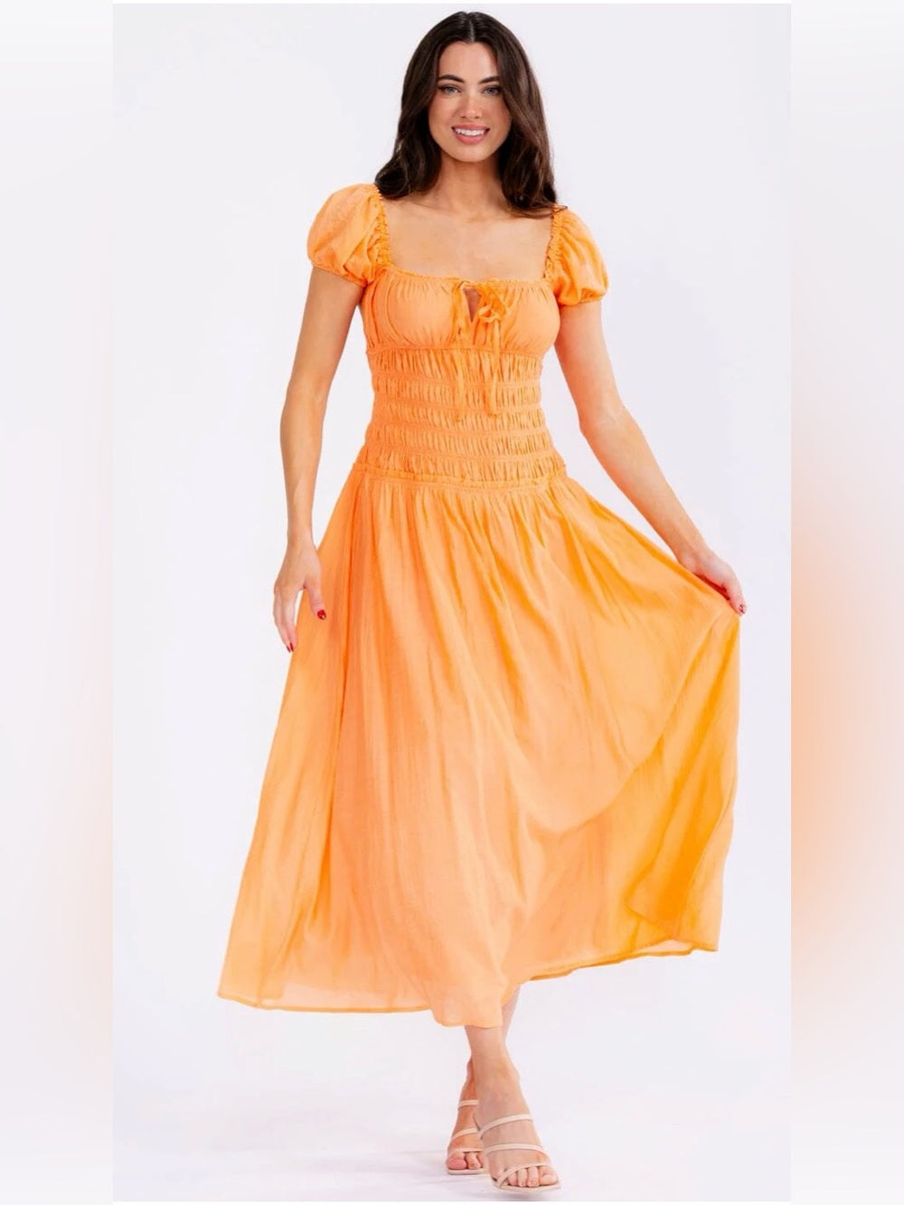 A605. Mable Tangerine Smocked Open Back Maxi Dress