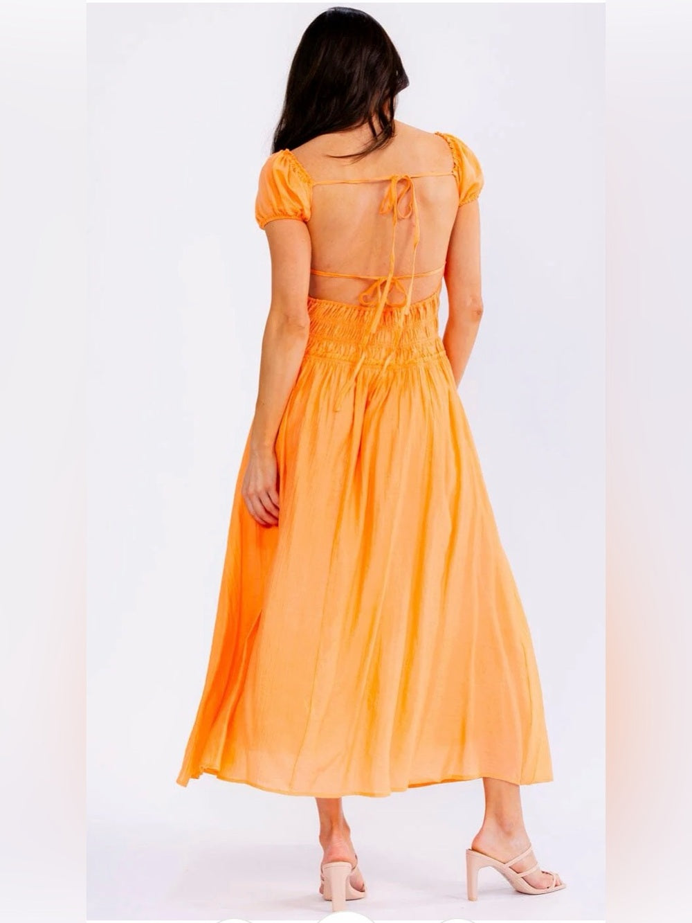 A605. Mable Tangerine Smocked Open Back Maxi Dress