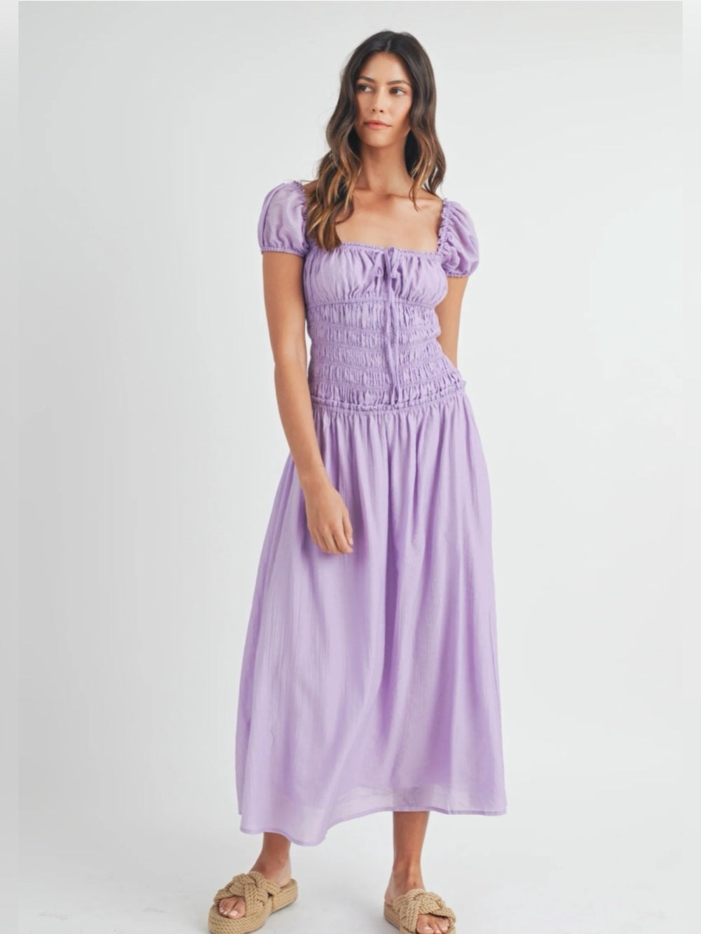 A606. Mable Lavender Smocked Open Back Midi Dress