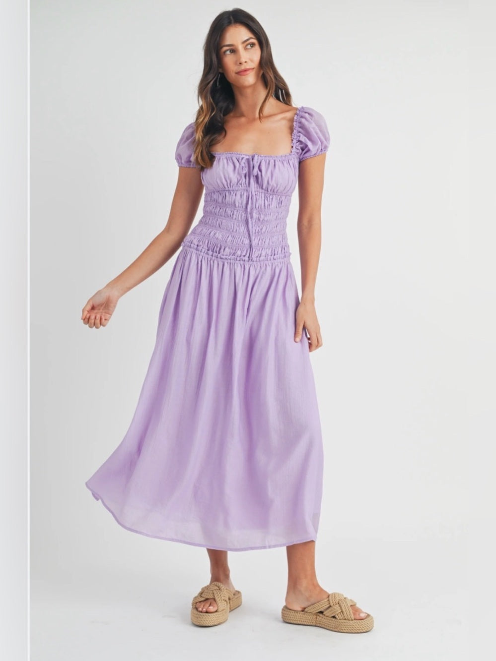 A606. Mable Lavender Smocked Open Back Midi Dress