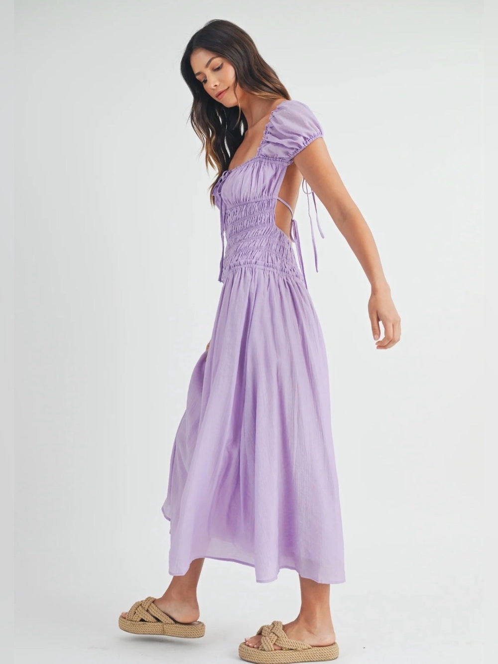 A606. Mable Lavender Smocked Open Back Midi Dress