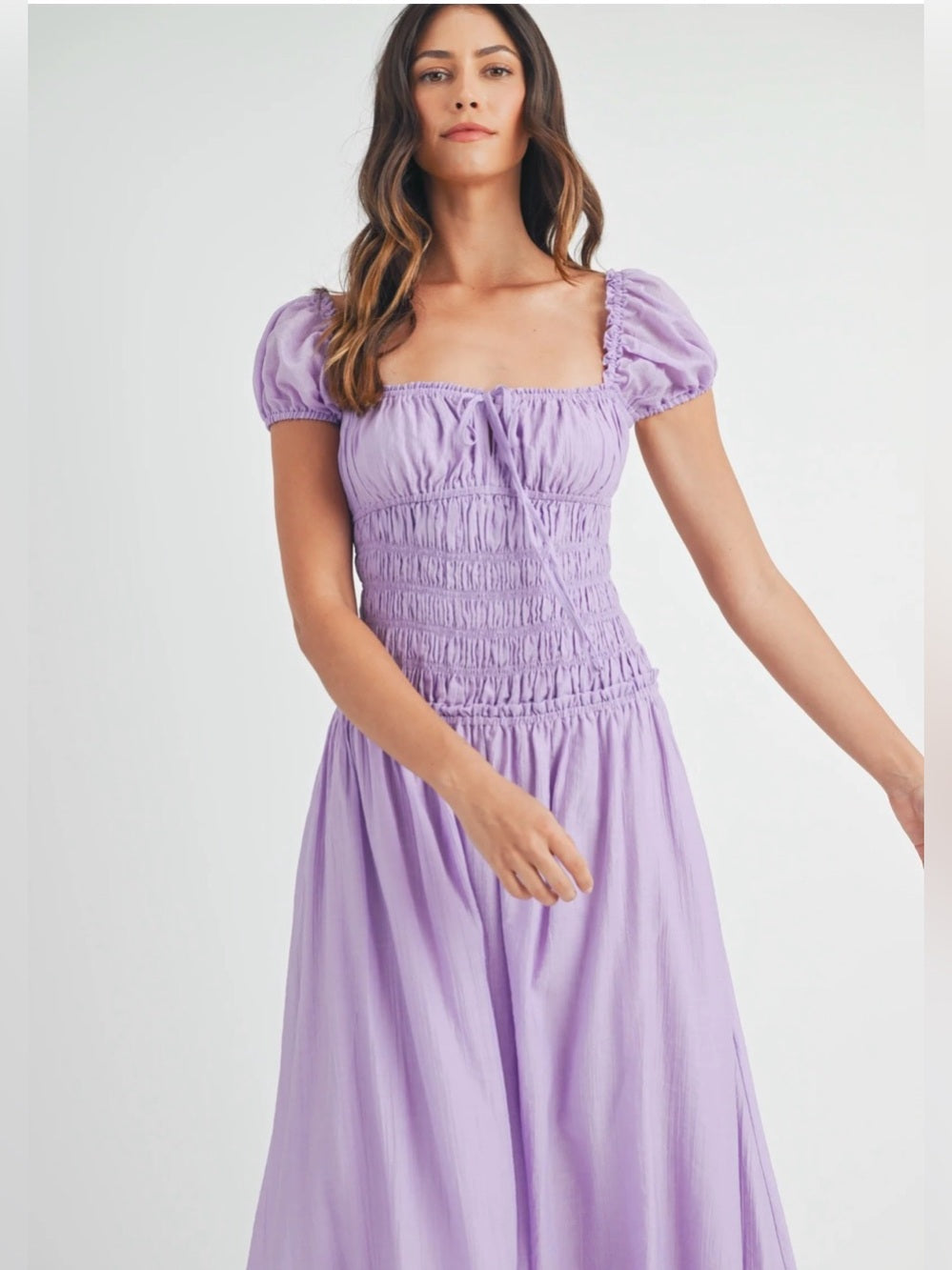 A606. Mable Lavender Smocked Open Back Midi Dress