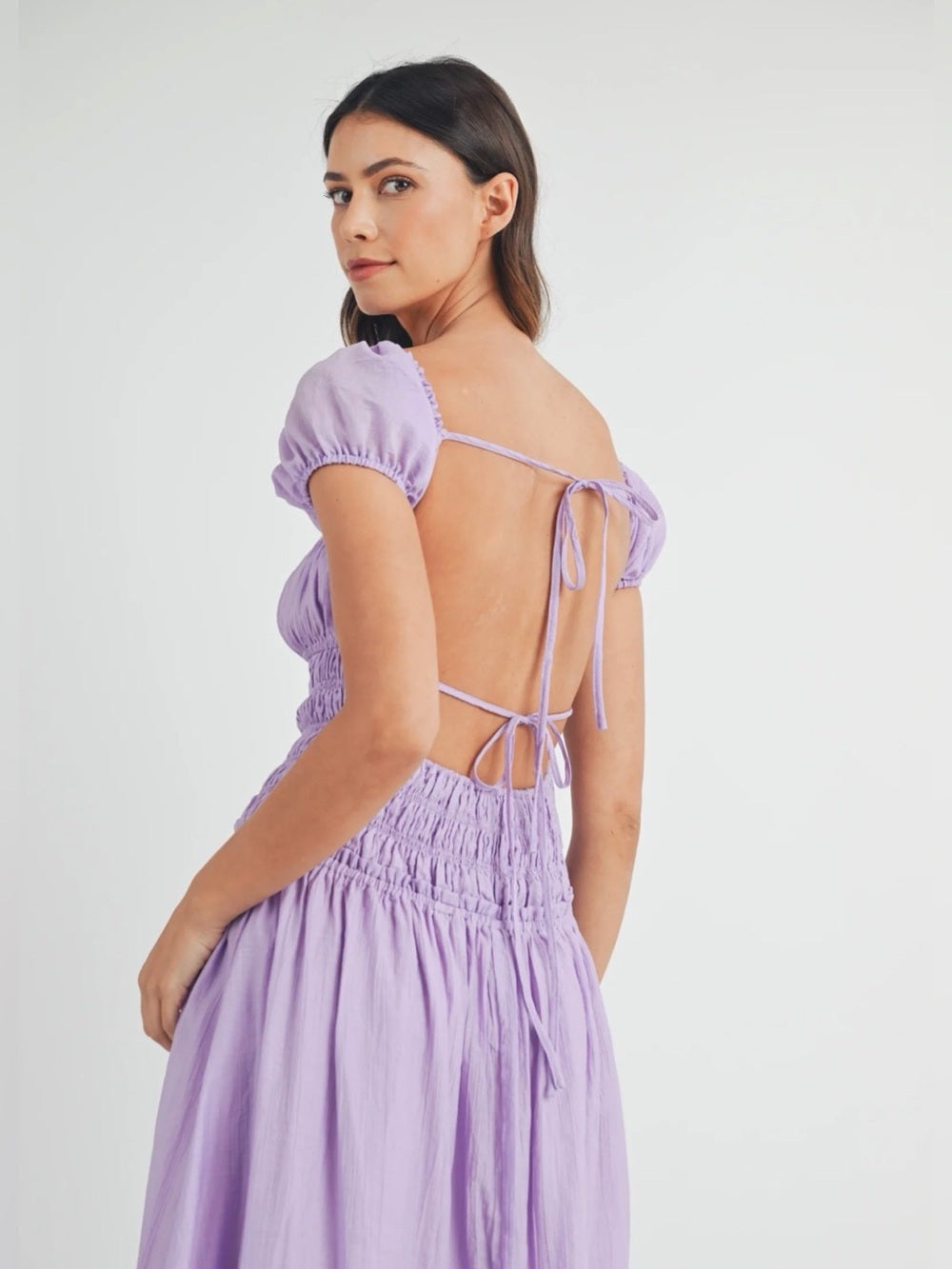 A606. Mable Lavender Smocked Open Back Midi Dress
