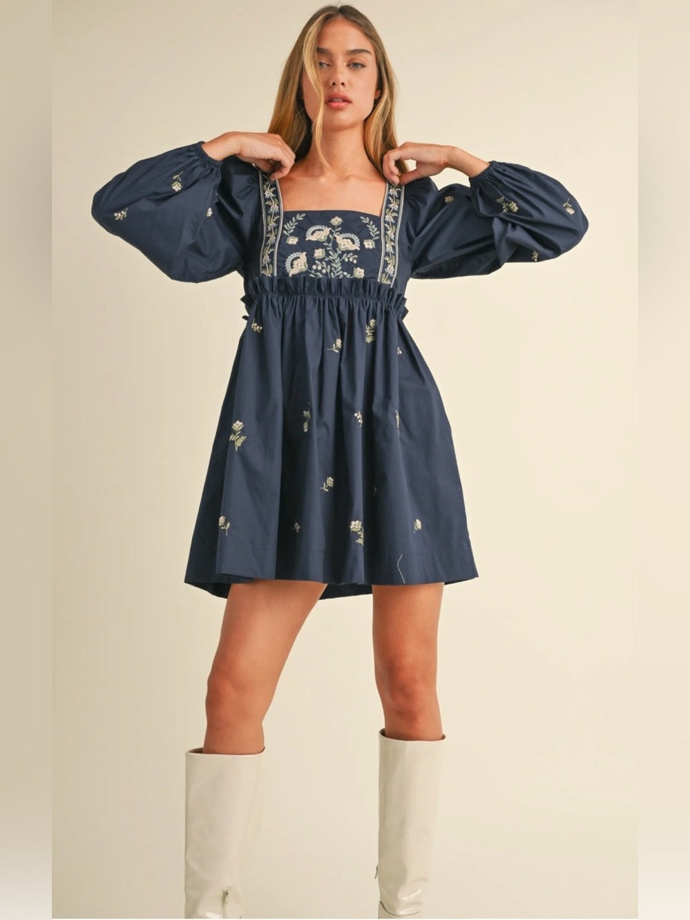 A607. Mable Navy Embroidered Smock Long Sleeve Mini Dress