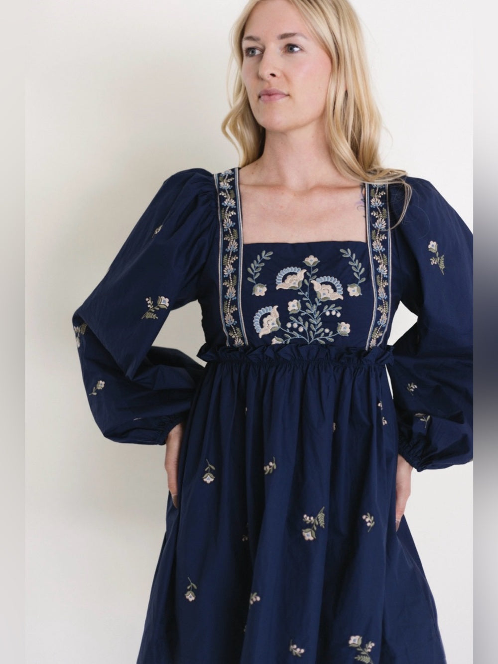 A607. Mable Navy Embroidered Smock Long Sleeve Mini Dress