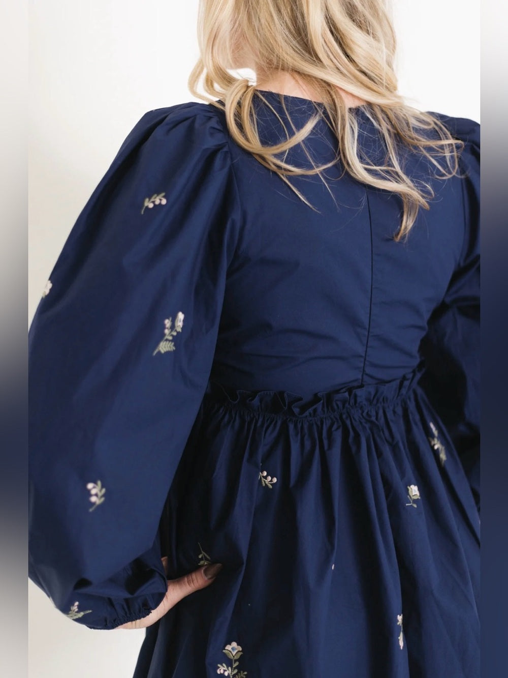 A607. Mable Navy Embroidered Smock Long Sleeve Mini Dress