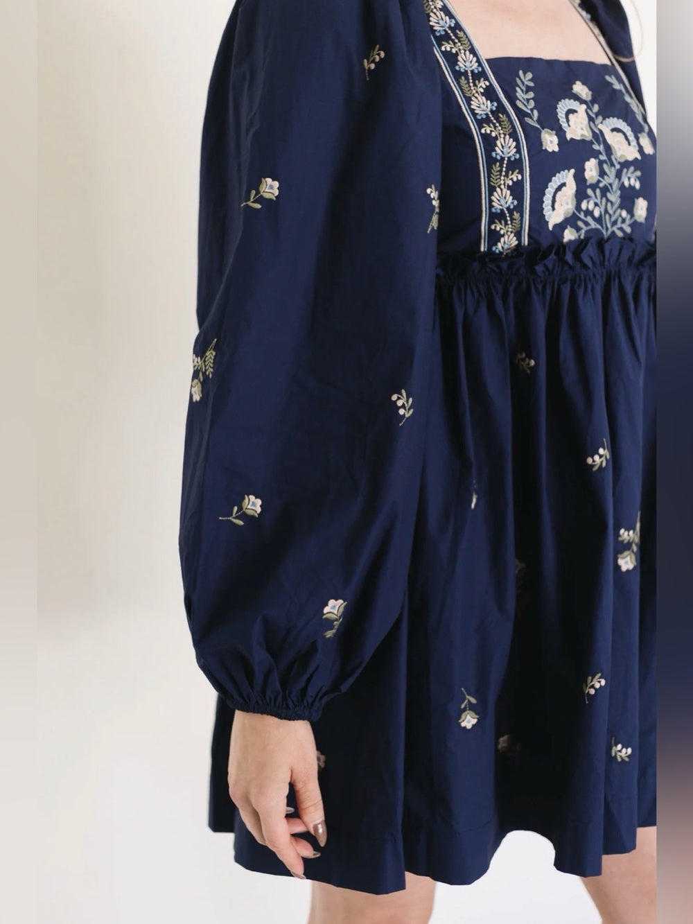 A607. Mable Navy Embroidered Smock Long Sleeve Mini Dress