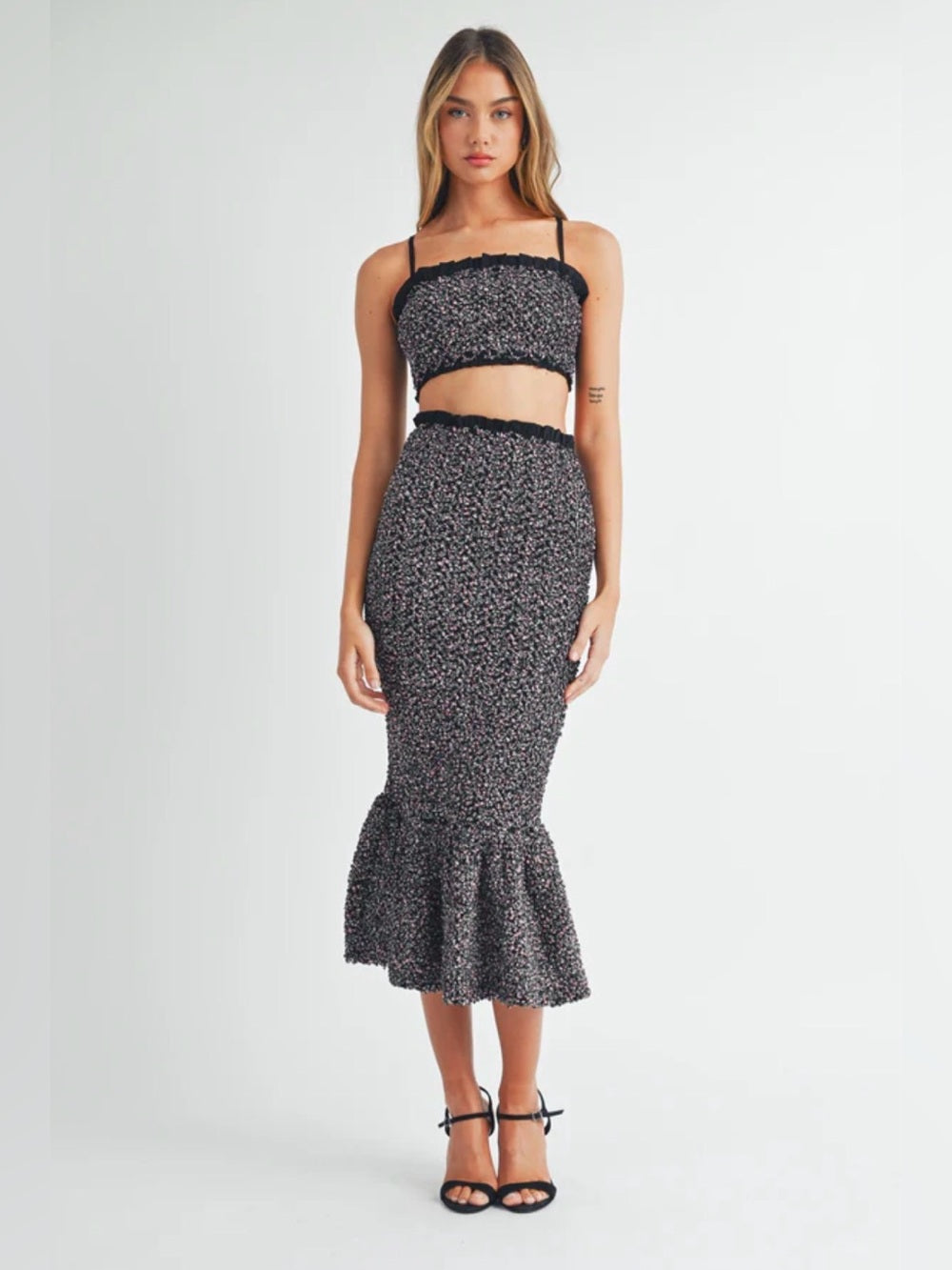 A608. Mable Smocked Black Floral Top & Midi Skirt Set