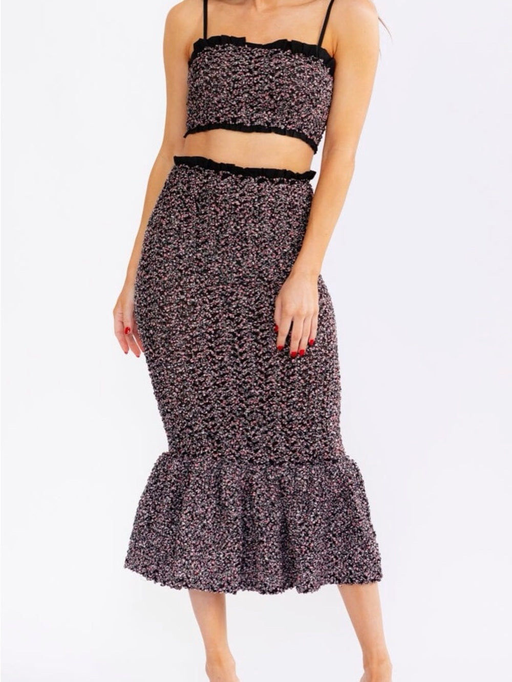 A608. Mable Smocked Black Floral Top & Midi Skirt Set