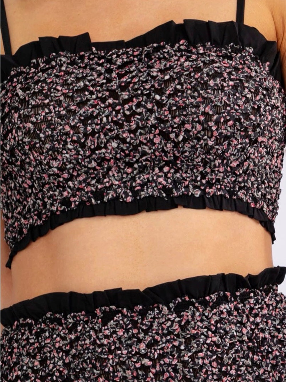 A608. Mable Smocked Black Floral Top & Midi Skirt Set