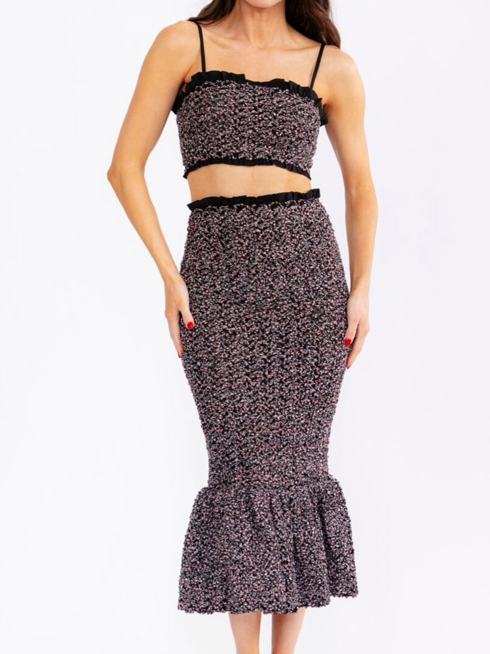 A608. Mable Smocked Black Floral Top & Midi Skirt Set