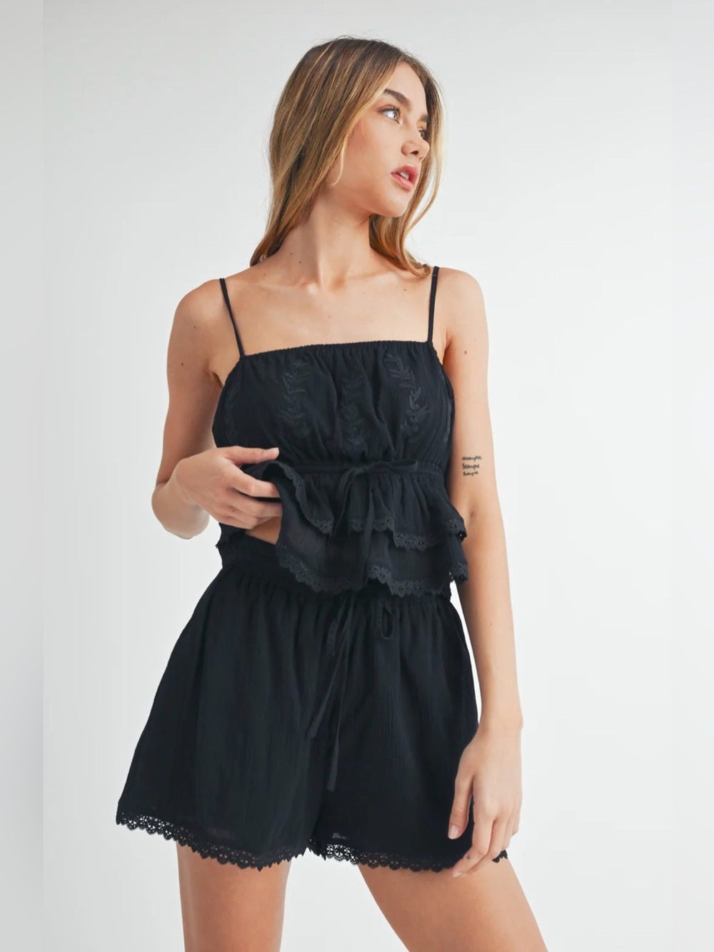 A609. Mable Black Ruffled Lace Trim Cami & Shorts Set