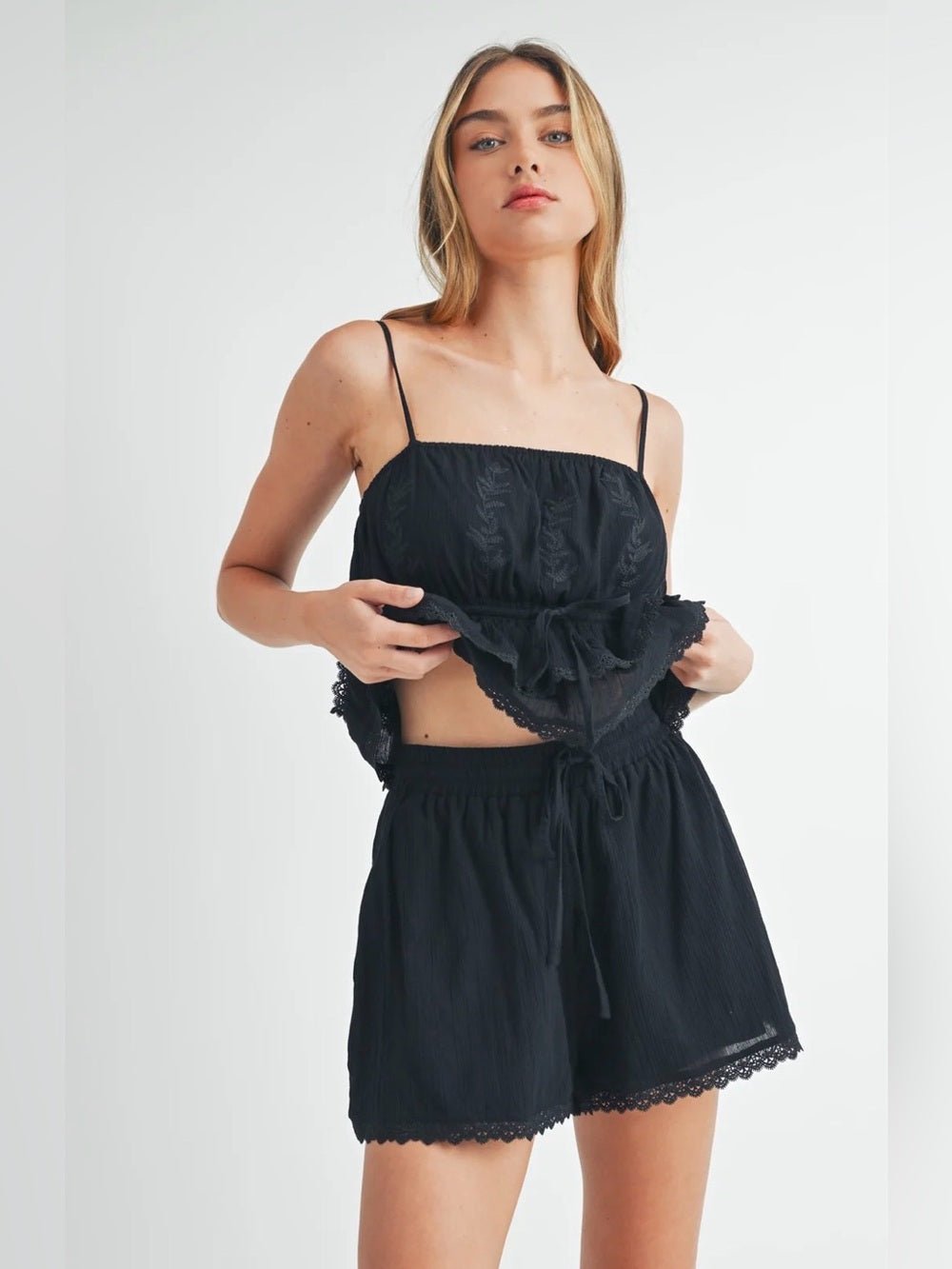 A609. Mable Black Ruffled Lace Trim Cami & Shorts Set