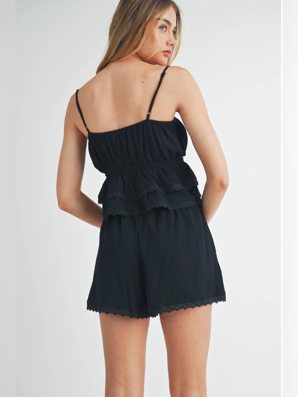 A609. Mable Black Ruffled Lace Trim Cami & Shorts Set
