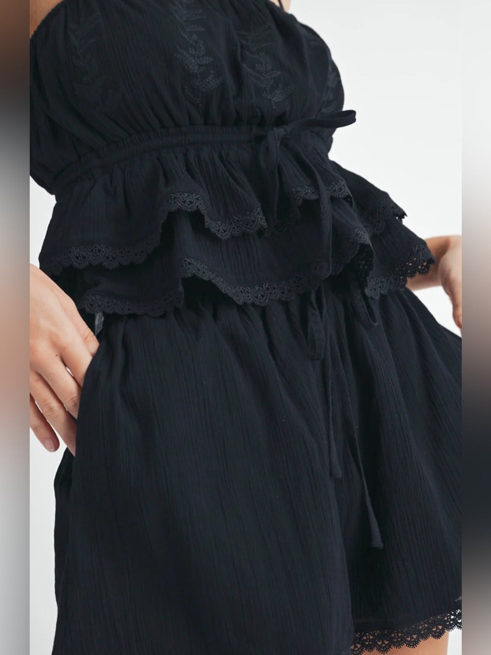 A609. Mable Black Ruffled Lace Trim Cami & Shorts Set