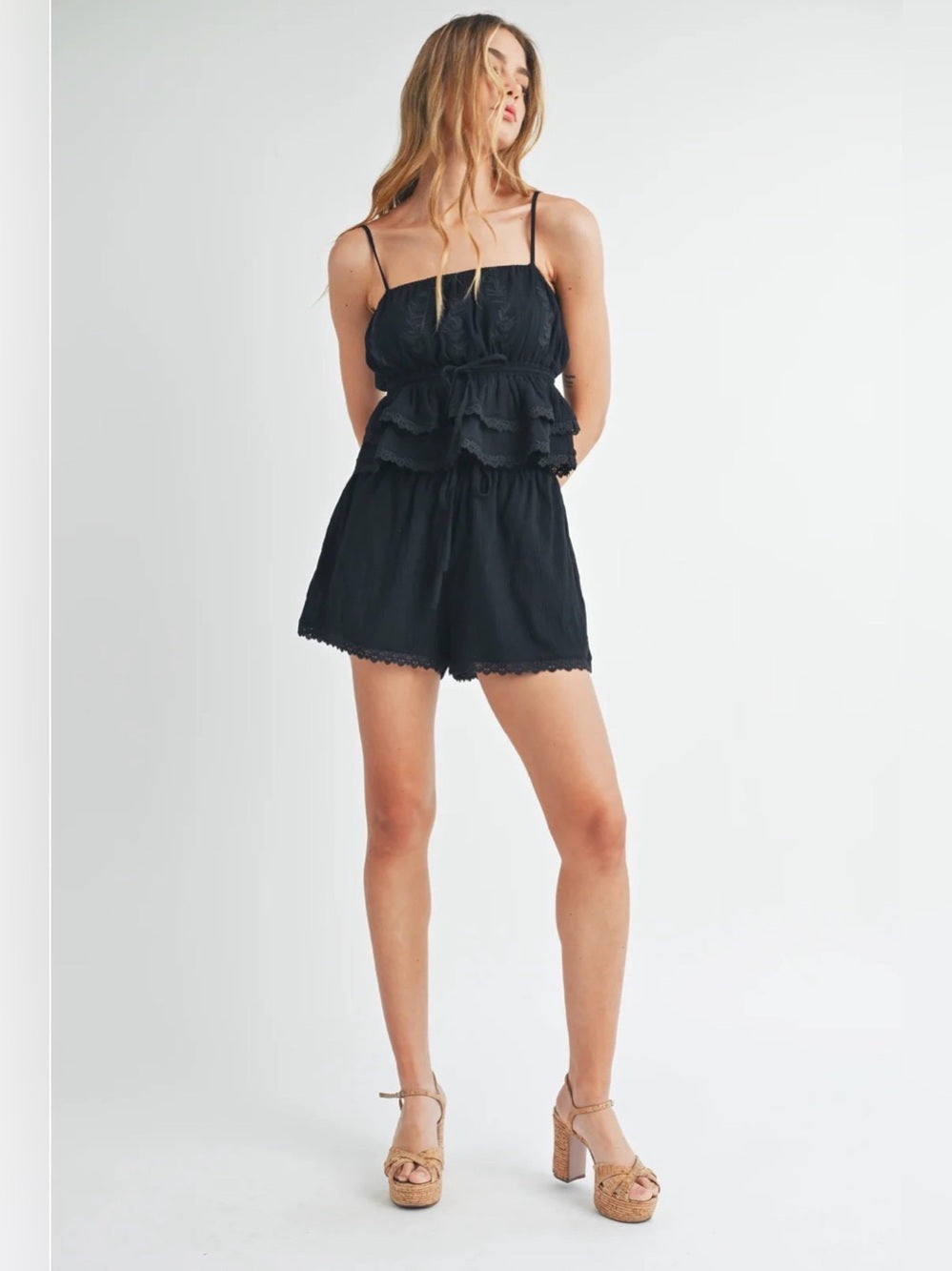 A609. Mable Black Ruffled Lace Trim Cami & Shorts Set