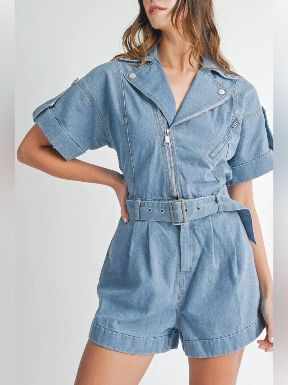 A610. Mable Light Wash Denim Short Jumpsuit Romper with Belt