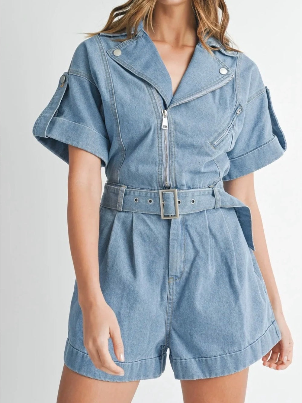 A610. Mable Light Wash Denim Short Jumpsuit Romper with Belt