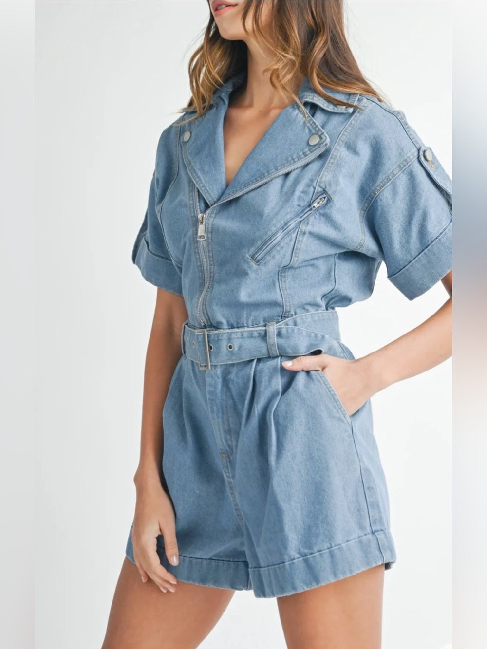 A610. Mable Light Wash Denim Short Jumpsuit Romper with Belt