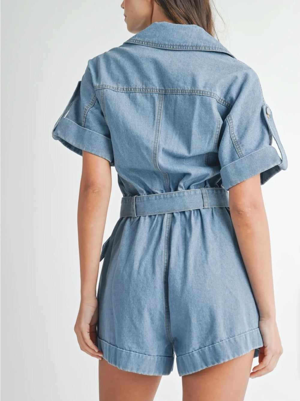 A610. Mable Light Wash Denim Short Jumpsuit Romper with Belt