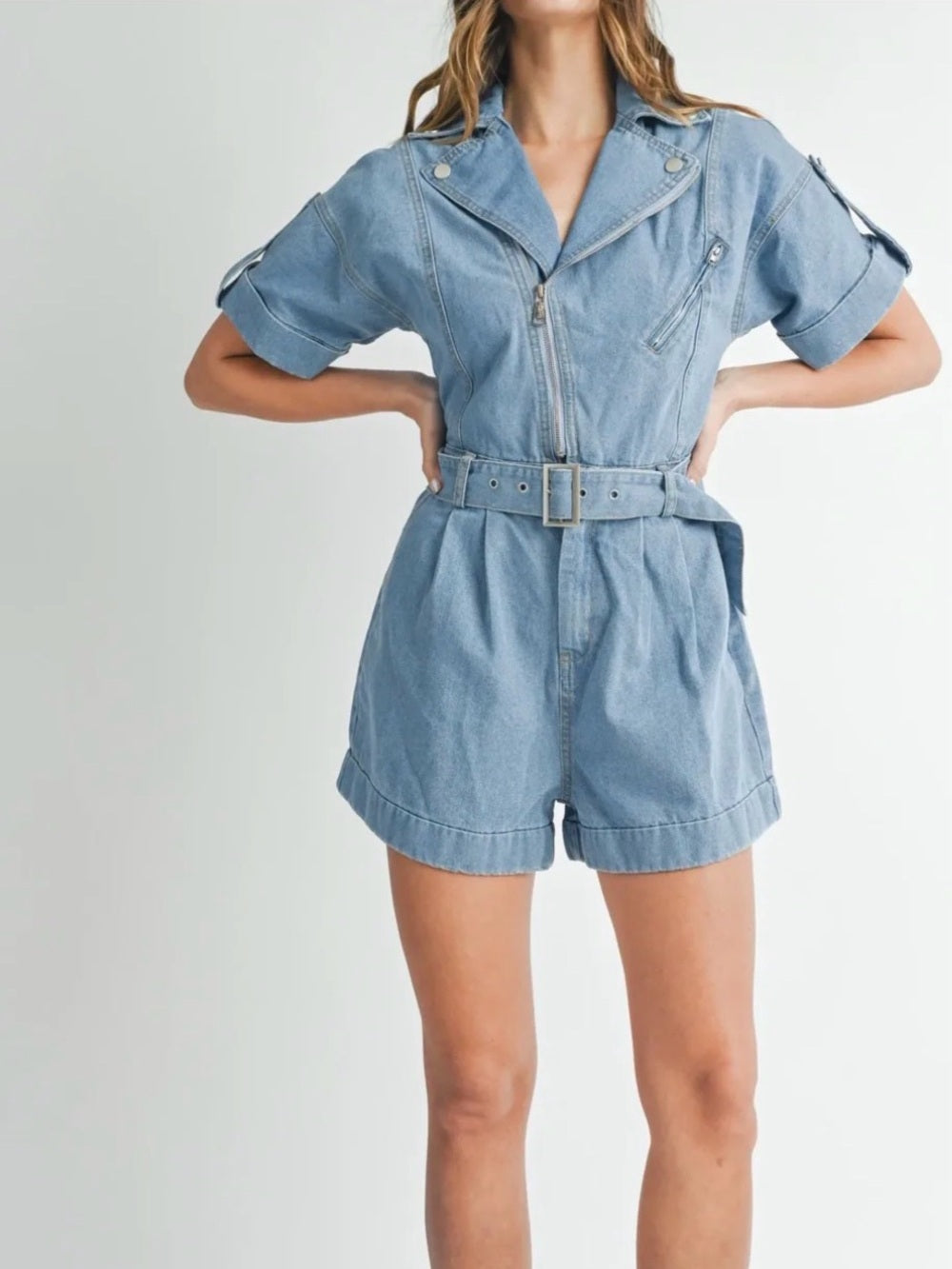 A610. Mable Light Wash Denim Short Jumpsuit Romper with Belt