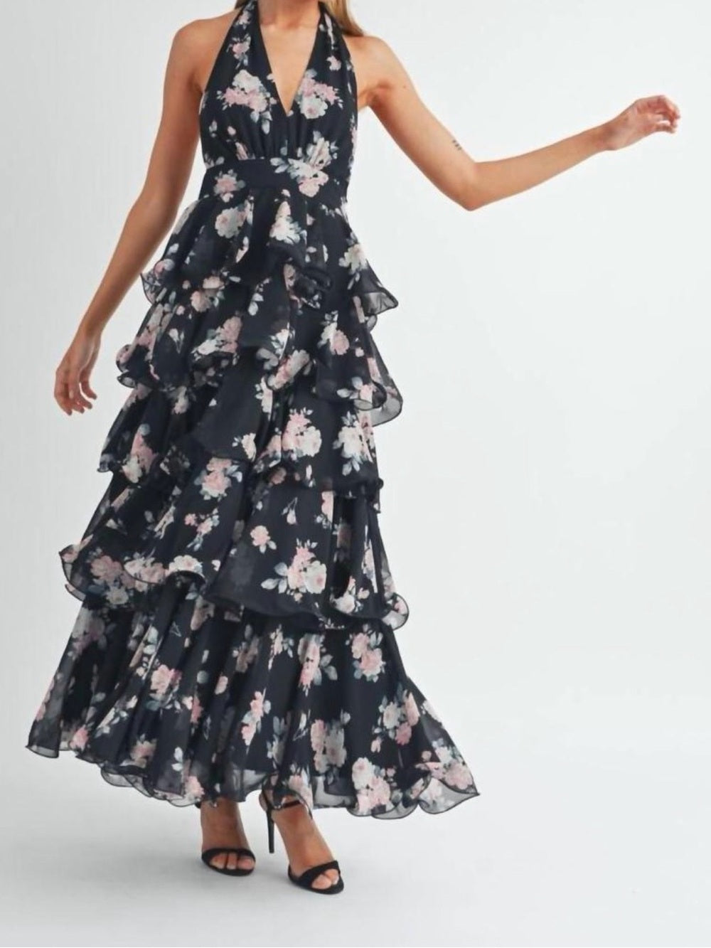 A611. Mable Black Floral Halter Ruffle Maxi Dress